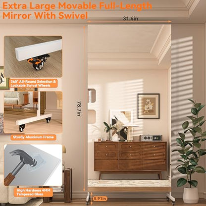 Hasipu 79" x 32" Full Length Floor Mirror on Wheels, White | Tempered glass, sturdy metal frame, smooth rolling casters, removable stand, ideal for gym, bedroom, dance studio - size: 78.7"L x 31.4"W
