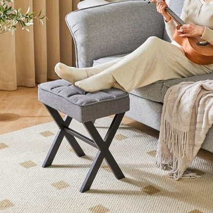 IBUYKE Square Makeup Stool with X-Leg, Linen Vanity Chair, Dark Gray LG-70G | Footrest Ottoman Seat Multi-Use Small Side Table Bedroom Living Room - color: Dark Grey, size: 17.72"-Linen