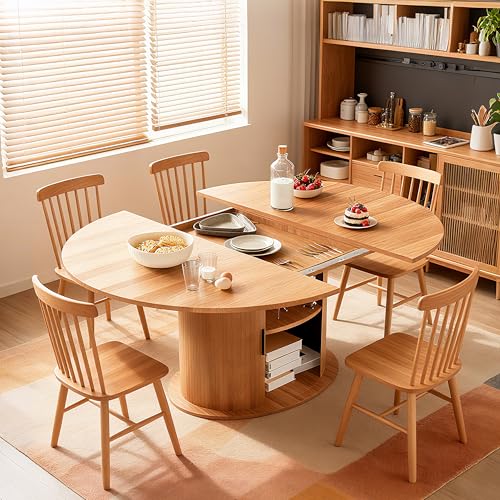 Wildhome Extendable Round Dining Table for 2-4-6, 63 Inch Dining Room Kitchen Table with 2-Tier Storage Shelf, Modern Farmhouse Fluted Wood Slide Door Dinner Furniture,Oval Circle (Oak-63 Inch) - color: Oak-63 Inch