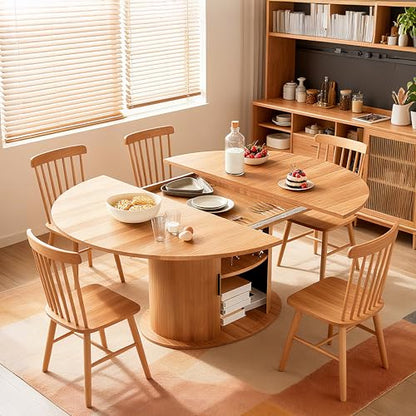 Wildhome Extendable Round Dining Table for 2-4-6, 63 Inch Dining Room Kitchen Table with 2-Tier Storage Shelf, Modern Farmhouse Fluted Wood Slide Door Dinner Furniture,Oval Circle (Oak-63 Inch) - color: Oak-63 Inch