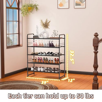 SUFAUY 5-Tier Mesh Shoe Rack, Closet Metal 33" Wide Shoe Shelf Heavy Duty, Black - color: Black, size: 5 Tier