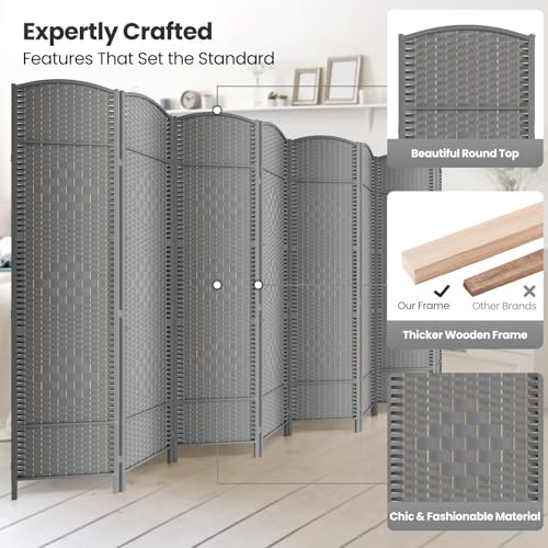 8 Panel Folding Room Divider,Woven Privacy Screen,Grey | Solid wood frame, handcrafted diamond pattern, 6FT tall, extends to 126 inches wide, no assembly required - color: Grey, size: 8-Panel