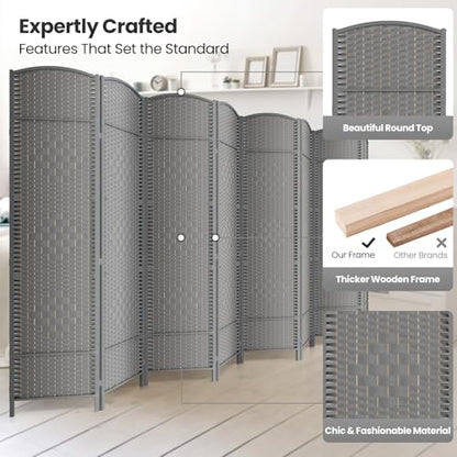 8 Panel Folding Room Divider,Woven Privacy Screen,Grey | Solid wood frame, handcrafted diamond pattern, 6FT tall, extends to 126 inches wide, no assembly required - color: Grey, size: 8-Panel
