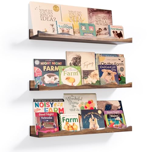 AZSKY Floating Bookshelf for Kids, Floating Shelves for Wall Cloud Picture Ledge Shelf Walnut 23.6 Inches Nursery Book Shelves Set 3, Baby Book Shelf for Toddler Room, Baby Room, Nursery Decor - color: Walnut, size: 24Inch
