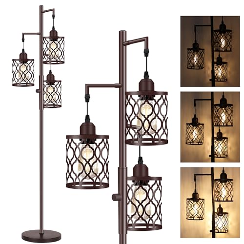 68" Farmhouse Floor lamp, Dimmable Industrial Floor Lamps for Living Room, 3 Light Rustic Standing Tall Lamp Including 3 PCS 6W E26 Bulbs, Tree Floor Lamp for Bedrooms Room, Office, Bar, Brown - color: Brown - Dimmable (With Bulbs), size: 68"