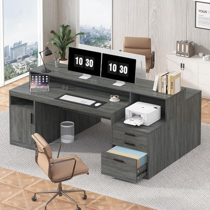 65" Computer Desk with 3 Drawers & Printer Shelf for Home Office | Office Desk with Printer Shelf & File Drawer, Executive Desk Writing Study Table with Monitor Stand, Dark Grey - color: Dark Gray
