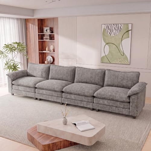Homall 158.6" Cloud Couch, Modular Sectional Sofa, Light Grey | Comfy Chenille, Double Layer Cushions, 4 Seat, Sturdy Frame, High-Density Foam, Easy Assembly, Oversized Sofa for Living Room - color: Light Grey, size: Linear Sofa