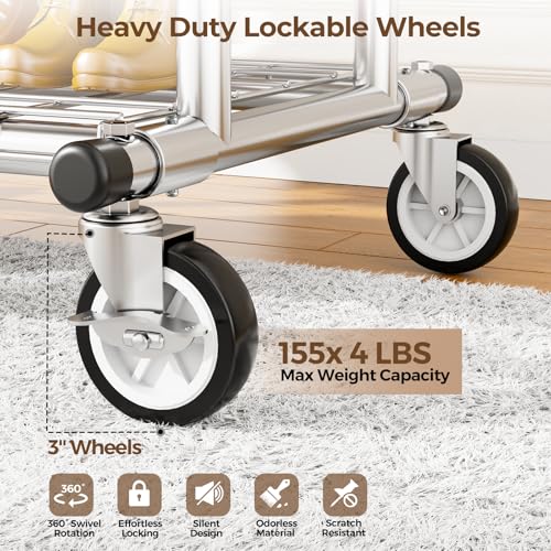 HYSEYY Heavy Duty Clothes Rack, Rolling Clothing Rack With Shelves Load 620 LBS, Double Rod Clothing Racks for Hanging Clothes, Portable& Adjustable Clothes Rack with Wheels Garment Rack - color: Sliver