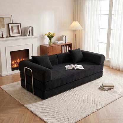 79" Boneless Couch,4-in-1 Futon Sofa Bed Modular Loveseat Sleeper Folding Compressed Couch with Pillows,No Assembly Required Convertible Sofa Bed for Living Room Bedroom Guest Room,Black - color: Black, size: 79” Sofa