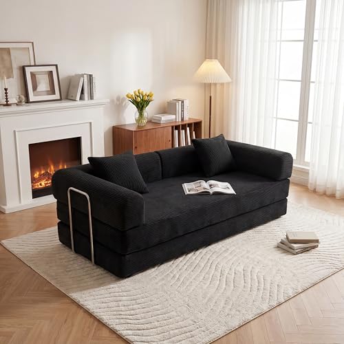 79" Boneless Couch,4-in-1 Futon Sofa Bed Modular Loveseat Sleeper Folding Compressed Couch with Pillows,No Assembly Required Convertible Sofa Bed for Living Room Bedroom Guest Room,Black - color: Black, size: 79” Sofa
