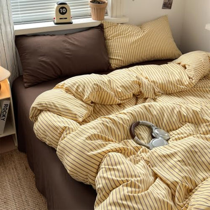 Striped Duvet Cover Full Size Yellow Brown Striped Bedding Set 3pcs Retro Vertical Ticking Stripes Soft Lightweight Microfiber Comforter Cover Set with Zipper Closure and 2 Pillowcases - color: Brown Striped, size: Full (1 Duvet Cover + 2 Pillowcases)