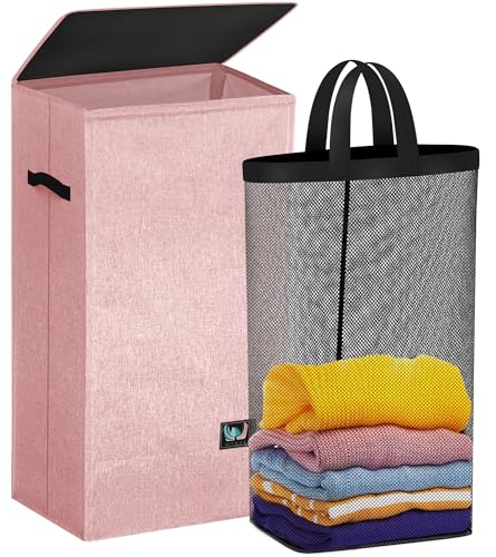 WTREE Laundry Hamper with Lid, Reinforced Sturdy Clothes Hamper with Anti-Puncture Base, Large Collapsible Laundry Basket with Removable Liner Bag, Tall Dirty Clothes Bin for Family, 100L Pink - color: Pink