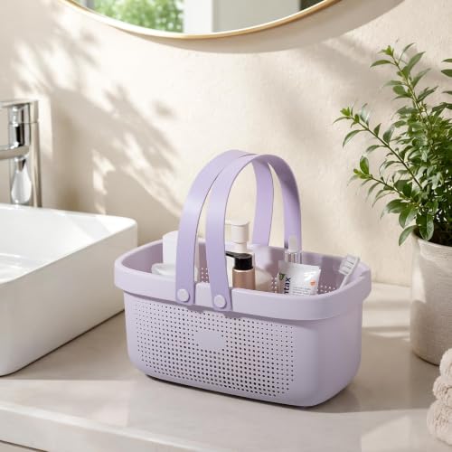 Portable Shower Caddy Basket with Handles Plastic Storage Basket ‌Purple | Sturdy Drainage Large Capacity Organizer Basket with Silicone Handles for Bathroom Kitchen Bedroom College Dorm Essentials - color: Purple, size: Large