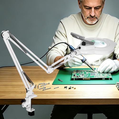KIRKAS LED Magnifying Lamp with Clamp, 2,200 Lumens Dimmable 35in 12X 30X | Magnifying Glass with Light for Repair Reading Craft Needlework Workbench Magnifier Dust Cover Adjust Swivel Arm - color: White 35in Magni-attach