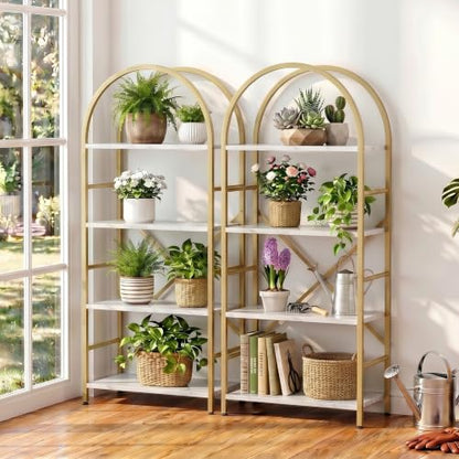 Vongrasig Industrial Arched Bookshelf, 4 Tier Open Bookcase | Sturdy Wood and Metal Display Standing Shelf for Home Office, Living Room, Bedroom, White Gold - color: White Gold