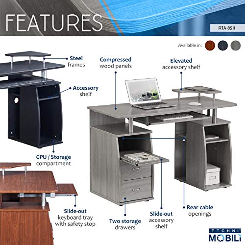 Techni Mobili 47" Computer Desk w/Drawers,Storage & Printer Shelf,Espresso | 47" desk with drawers, printer shelf, pull‑out keyboard tray, open storage, sturdy frame, spacious workstation home office