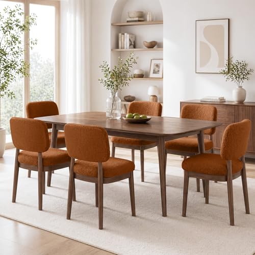 Wooden Dining Chairs Set of 6, Boucle Upholstered Kitchen Chairs with Solid Wood Legs, Mid Century Modern Dining Chairs, Farmhouse Side Chair with Hardwood Frame for Dining Room, Brown - color: Brown, size: Set of 6