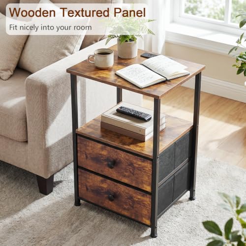 Nightstands Set of 2, Night Stand with Charging Station | Bedside Table with 2 Fabric Drawers for Bedroom, End Tables with Storage Shelf for Small Spaces, Rustic Brown - color: Rustic Brown, style: Power