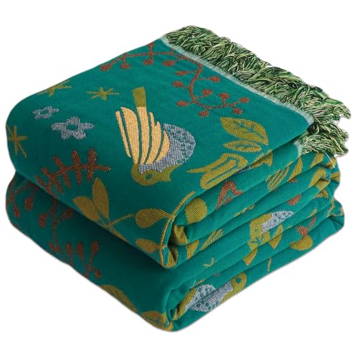 Bird Pattern Boho Throw Blanket for Bed Decor 50"×60" Teal/Cream | 4-Layer Breathable Muslin Blanket,100% Organic Cotton Soft Lightweight Quilt with Fringe,Multi-purpose Blanket,Ideal Gift - color: Animal Spring Bird, size: 50"x60"