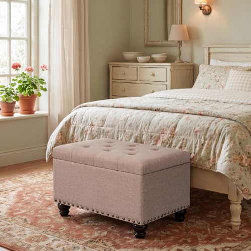 Ottoman with Storage, Fabric Ottoman Foot Rest 24" Rectangle Tufted Foot Stools Ottomans with Hinged Lid Upholstered Button Ottomans for Bedroom Living Room Entryway, Taupe - color: A-taupe