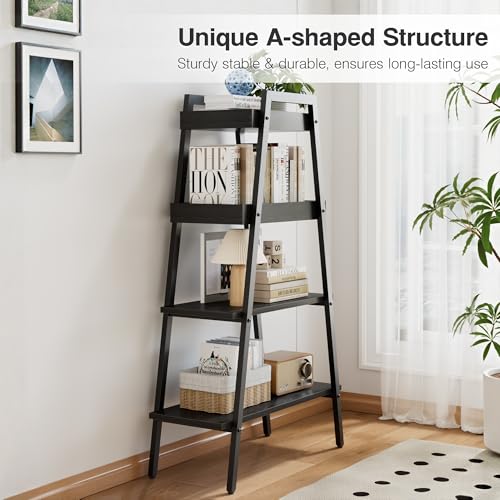 VECELO Ladder Shelf, 4 Tier Wooden Bookshelf with Metal Frame, Freestanding Bookcase Display Shelves and Plant Stand for Living Room/Farmhouse/Bedroom/Home Office-Black - color: Black