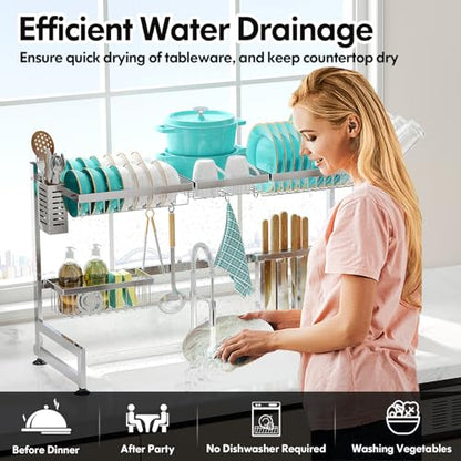2 Tier Extra Large Stainless Steel Over The Sink Dish Drying Rack | Rust Proof Metal, Expandable Kitchen Sink Drainer, Counter Space Saving, Heavy Duty, Modern Silver, Multifunctional Storage - color: Silver, size: Over Sink 2 Tier