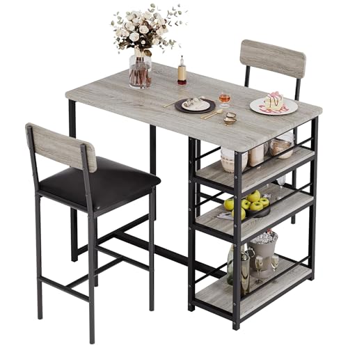 Dining Table Set for 2, 3-Piece Bar Table Set with 2 Stools, Space-Saving Counter Height Dining Set with 3-Tier Storage Shelves for Small Kitchens, Apartments, Breakfast Nooks - color: Grey