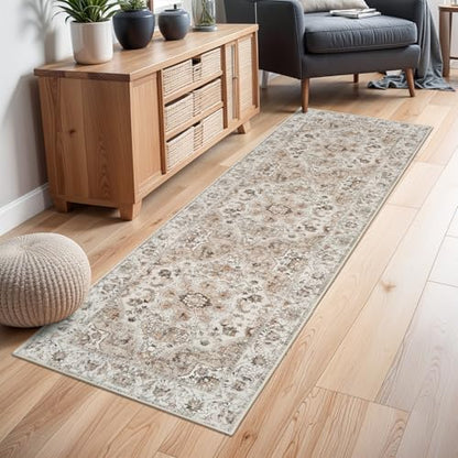 Washable Hallway Runner Rug 2x6: Non Slip Runner Rugs with Rubber Backing | Soft Kitchen Rug Farmhouse Distressed Carpet Runner for Living Room Bedroom Bathroom - Beige Rug Stain Resistant Easy Clean - color: Beige, size: 2' x 6' (Rectangular)