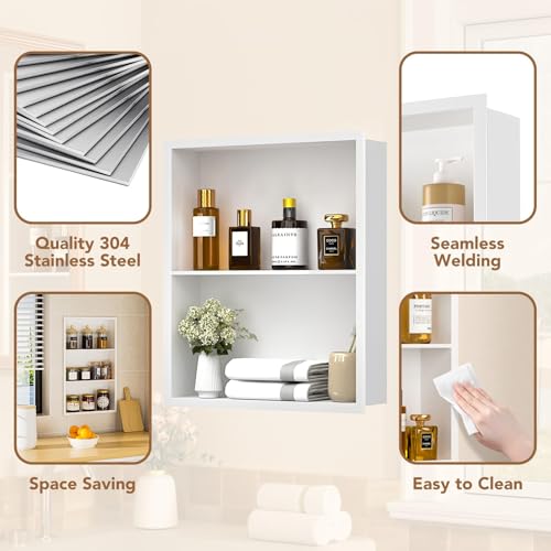 14x18 Recessed Medicine Cabinet, Bathroom Wall Cabinet, 304 Stainless Steel Recessed Wall Niche with 2-Tiers Shelves, Matte White - color: Matte White, size: 14'' x 18''