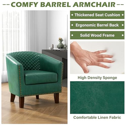 Faux Leather Accent Chair, Modern Barrel Club Chair, Green | Comfy Upholstered Armchair for Living Room, Round Club Chair Single Sofa Bedroom Reading Seat | 26"D*29"W*29"H - color: Green
