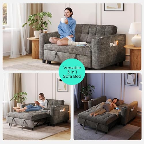 LINSY 54" Pull Out Couch with Charging Station, Small Sleeper Sofa Bed with Cup Holder, 3 in 1 Convertible Loveseat Sleeper Couch for Apartment, Dorm Room, Bedroom and Small Space（Grey） - color: Grey