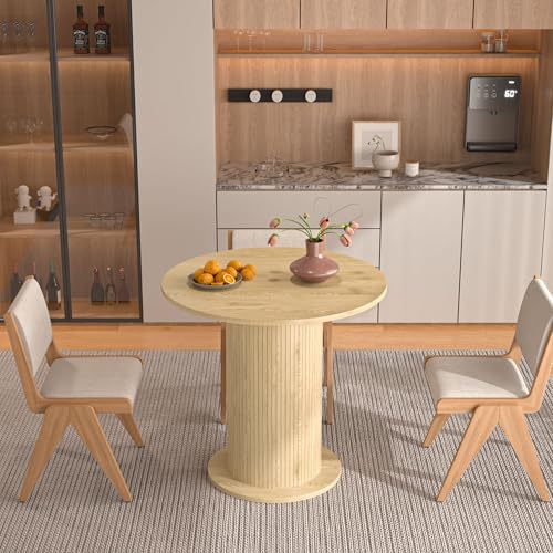 31.5 inch Round Dining Table for 2, Modern Farmhouse Kitchen Table | Small Circle Dining Tables with Wood Strip Base for Kitchen Living Room - color: Natural