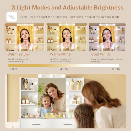 Quimoo 43.3" W Vanity Desk with Mirror and 9 LED Lights, Makeup Vanity with 6 Drawers, 6 Open Shelves, White Vanity for Women Girls, 43.3" W x 13.8" D x 54.3" - color: White 6 Drawers