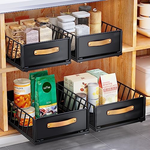 Pull out Cabinet Organizer,Heavy Duty Slide out Pantry Shelves Drawer Storage with Adhesive Nano Film,Sliding Mesh Cabinet Basket with Handle for Kitchen, Bathroom, Home, 9.8"W X 15.7"D X 6.2"H,Black - color: Black, size: 9.8"Wide-15.7"Deep (1Pack)