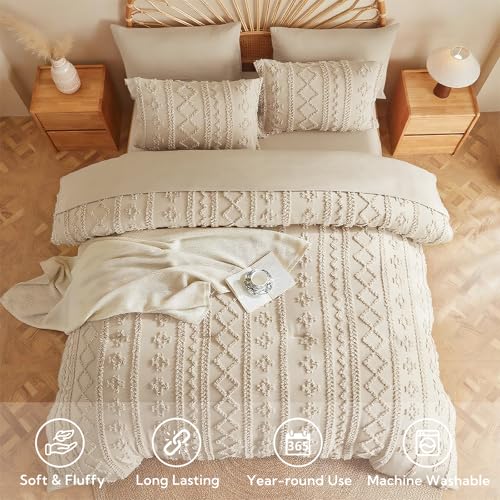 MR&HM Twin XL Comforter Set 5 Pieces Beige, Boho Tufted Bed Set for Dorm | Shabby Chic Farmhouse Bedding Set, All-Season Soft & Fluffy Bed in a Bag Comforter with Sheets, Pillow Sham & Pillowcase - color: 1- Beige, size: Twin XL