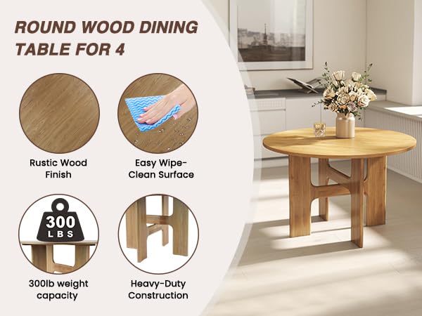 HNY Round Wood Dining Table, 47 Inch, Natural Oak | For 4-6 People, Pedestal Base, Modern Circle Design, Farmhouse Style, for Dining Room, Restaurant, Apartment