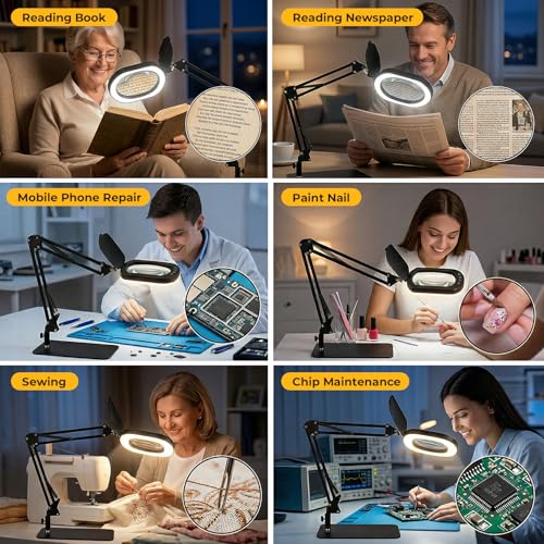 10X Square Magnifying Glass with Light and Stand/Clamp, 80 LED Lighted Magnifier with Dust Cover, 5 Color Modes Stepless Dimmable, Hands-Free Desk Magnifying Glasses for Close Work, Crafts, Reading