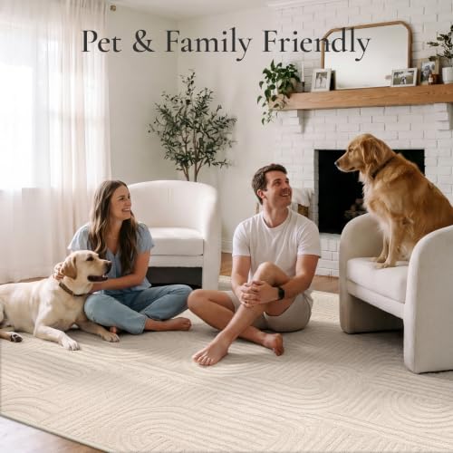 GENIMO Beige Rug 6x9 Washable Area Rugs for Living Room, Soft High Low Pile | Fluffy Shag Carpet, Cream Solid, Modern 3D Arch Textured, Throw Accent, Bedroom Dining Room Nursery Playroom Office, Non Slip - color: Arch Beige, size: 6' x 9' (Rectangular)