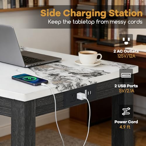 COSTWAY 3-Piece Wooden Bar Table Set with Charging Station | Modern Counter Height Table, Faux Marble Top, 2 Padded Stools, Console Table Set for Living Room, Kitchen, Dining Room, White - color: White