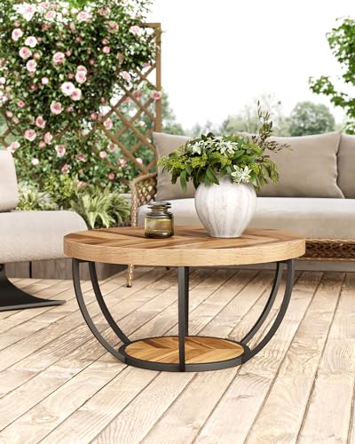 LITTLE TREE Round Coffee Table, 32" Circle Coffee Tables for Living Room | 2-Tier Wood Accent Center Table with Open Storage Industrial Design Home Furniture (Wood Grain and Black) - color: Wood Grain and Black