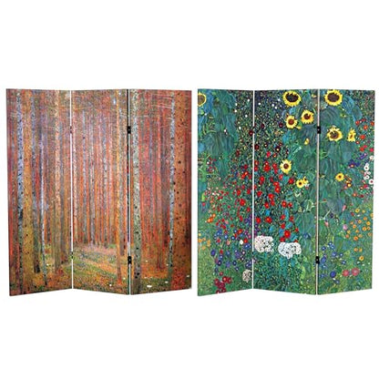 Red Lantern Double Sided Works of Klimt Room Divider - Tannenwald/Farm Garden, 4 Foot - 3 Panel - color: Tannenwald/Farm Garden, size: 4 Foot - 3 Panel