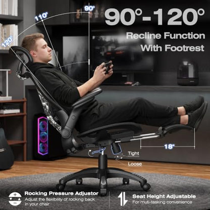 X100 Ergonomic Mesh Office Chair with Footrest, Big and Tall Home Desk Chair with 5D Flip-Up Arms, Adjustable 3D Lumbar Support, Gaming & Executive Computer Chair (Night Reaper) - color: Night Reaper