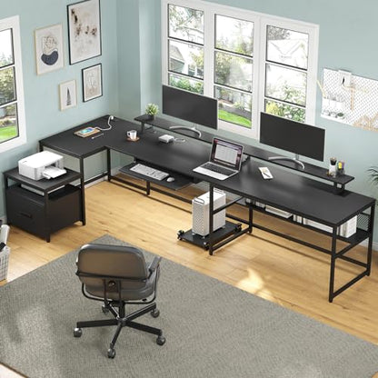 SEDETA 101.5''Reversible L Shaped Desk with Drawer for Home,Black | U Shaped Desk Office with Power Outlet,Computer with Monitor Shelf,Two Person Desk with Keyboard Tray
