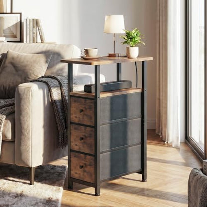 Narrow End Table with Charging Station, Small Nightstand | Skinny Side Tables Living Room with 3 Fabric Drawers, Slim Bedside Table for Bedroom, Small Spaces, Couch, Rustic Brown - color: Rustic Brown + Black, size: 27.55''H (3 Drawers), style: Power