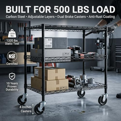 Finnhomy 3 Tier Heavy Duty Commercial Grade Utility Cart, Wire Rolling Cart with Handle Bar, Steel Service Cart with Wheels, Kitchen Carts on Wheels, Metal Cart Shelf Size 18" D x 36" W, NSF, Black - size: 36"L x 18"W x 35.4"H-3 Tier, style: Black Cart