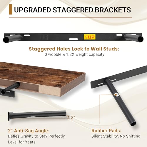 Vivelove 12" Deep Floating Shelves 24x12” Set of 2, Rustic Brown | Easy Install With Hardware, 2" Thick, Invisible Brackets, Wall Mounted, No Sagging, For Any Room - color: Rustic Brown, size: 24”wx12”dx2”h