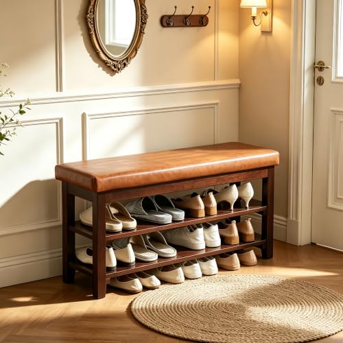 40" Entryway Bench, Shoe Storage Bench, Light Brown | Leather Cushion, Shoe Rack, End of Bed Bench for Front Door Entrance, Mudroom - color: Light Brown