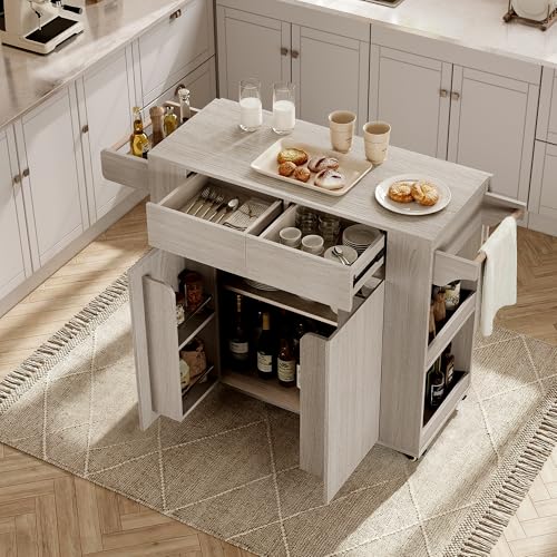 51'' Mobile Kitchen Island with Drop Leaf, Rolling Kitchen Cart with Drawrs & Storage Cabinet on Wheels, Portable Island Table with Spice Rack & Towel Rack for Dining Room, White Oak Gray