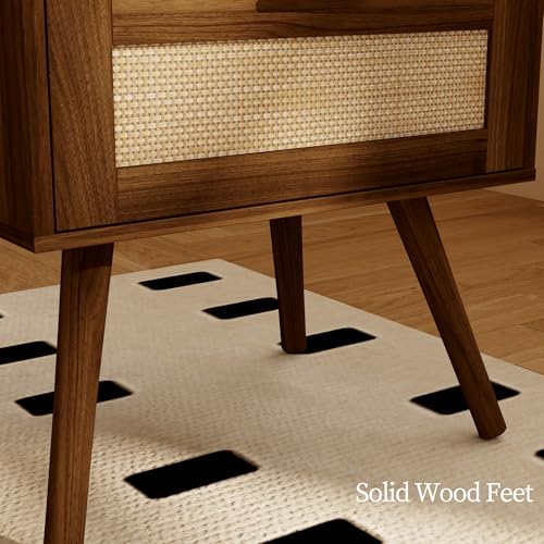 Rattan Nightstand with Charging Station,Farmhouse Bedside Table with 2 Storage Drawer and Open Wood Shelf, for Bedroom and Small Spaces,Night Stand with Solid Wood Legs (Walnut Brown-Outlet) - color: Walnut Brown-outlet
