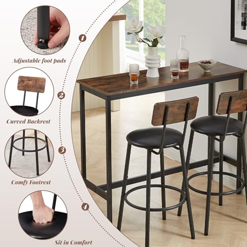 43.31" Bar Table Set for 2, Counter Height Dining Table with PU Upholstered Bar Stools and Backrests, Space-Saving Small Kitchen Table for Breakfast Nook, High Top Table and Chairs Set - color: Rustic Brown, style: Rectangular w/ Upholstered Stool